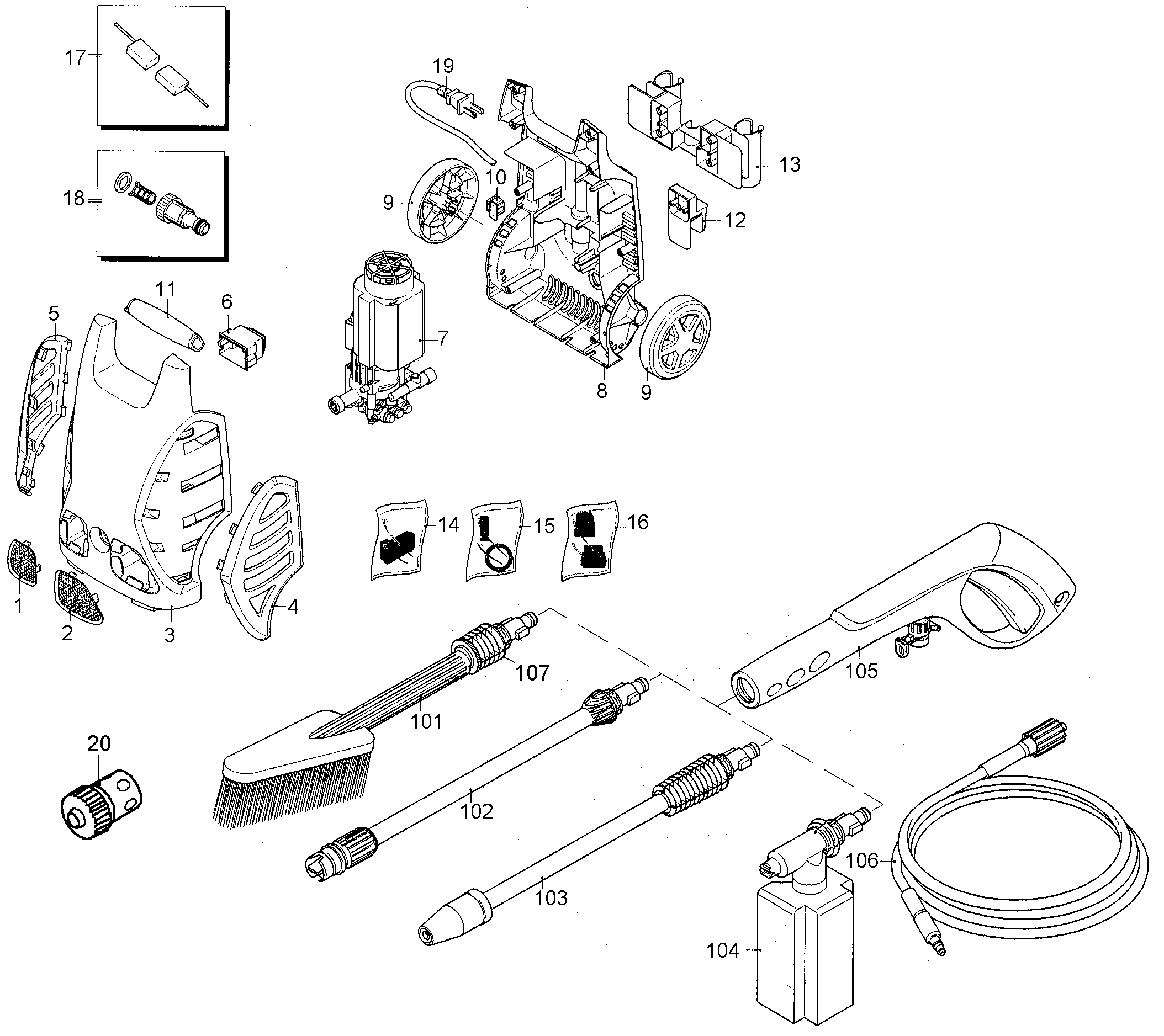 Default Diagram and Parts List for PW1550-BR Type 1 Black and Decker Pressure Washer